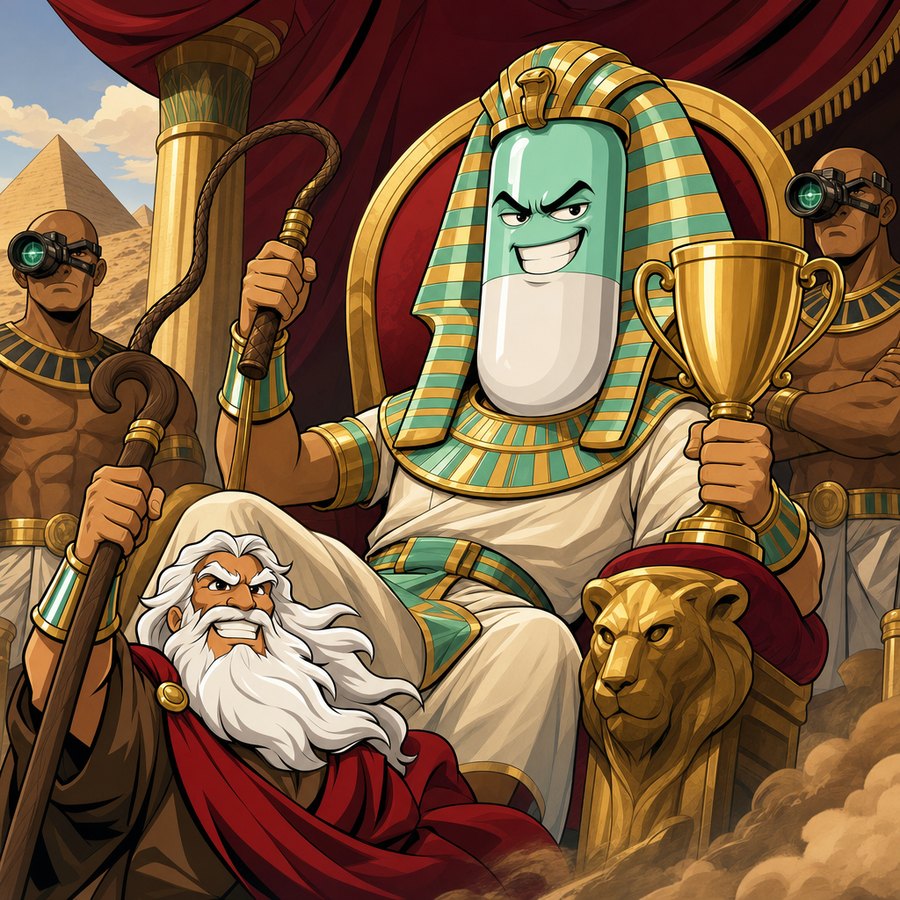 Pharaoh with a pill for a head