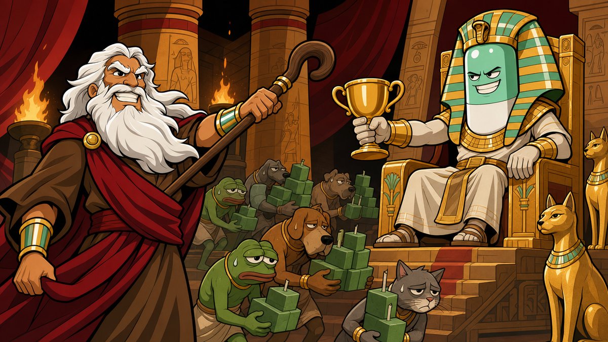 Moses stands before the pill-headed Pharaoh on his throne